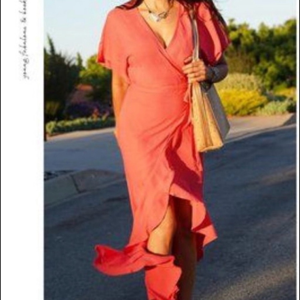 YOUNG FABULOUS & BROKE MAXI WRAP DRESS salmon coral in size extra small